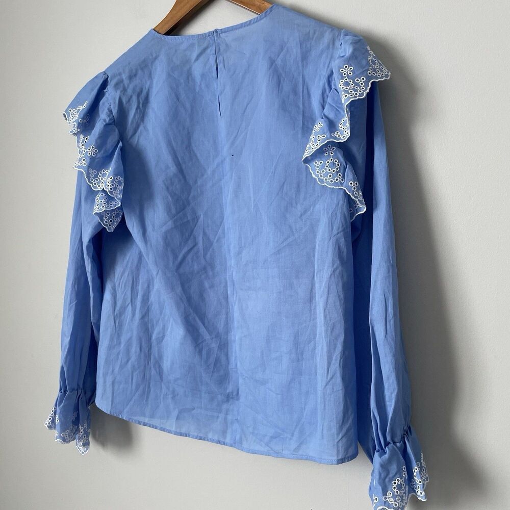 Zara Cotton Blouse Eyelit Ruffle Embroidered Details Long Sleeve Women's XS - Picture 6 of 11